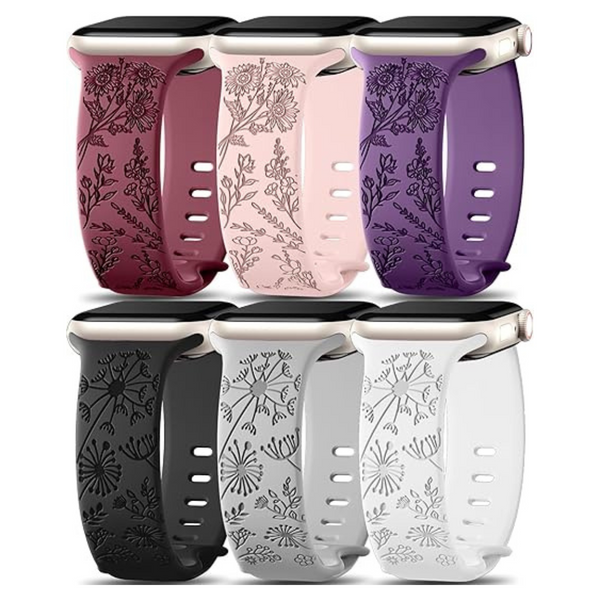 6-Pack Soft Silicone Wildflowers Engraved Sport Strap Apple Watch Band