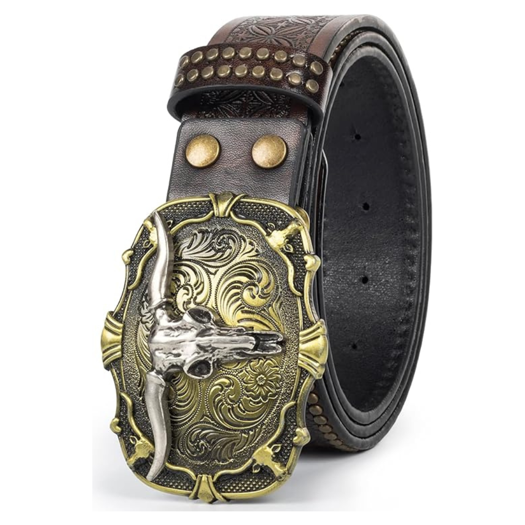 Men's Embossed-Carved Western Leather Belts