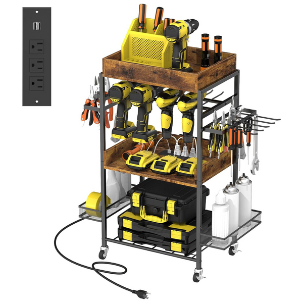 Heavy Duty Metal Rolling Tool Rack With Wheels And Charging Station