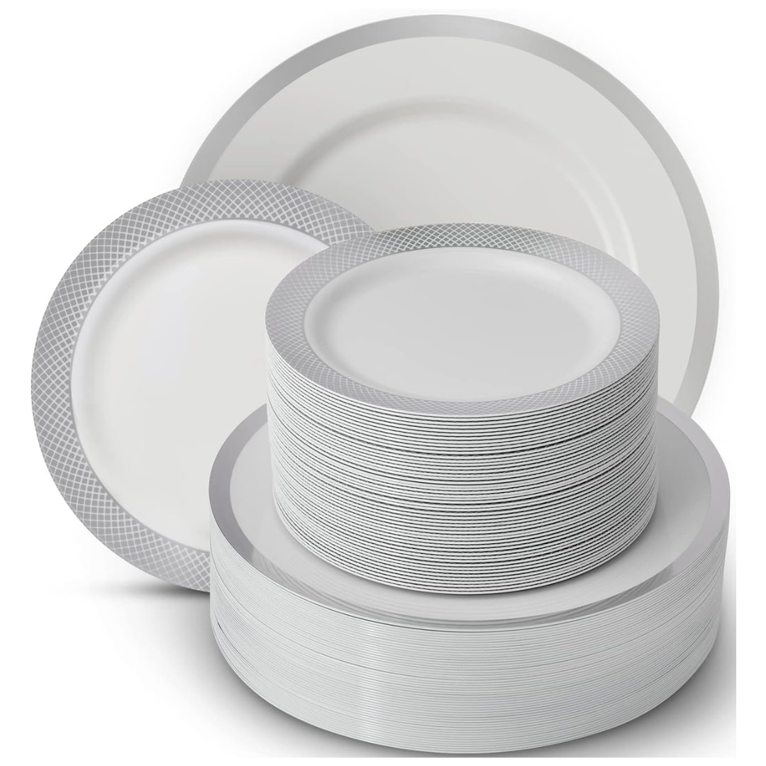 Madee 100 Pcs Heavyweight Plastic Plates | 50 Dinner Plates & 50 Dessert Plates