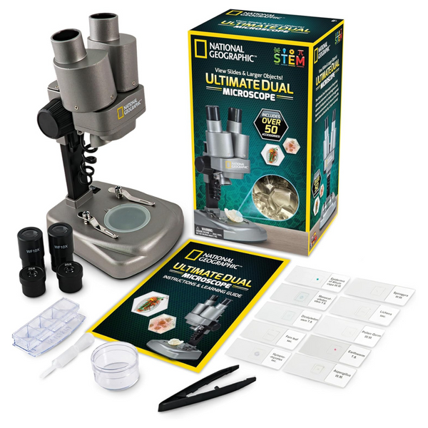 NATIONAL GEOGRAPHIC Dual LED Kids Microscope – 50+ Pc Science Kit With 10 Prepared Slides & 10 DIY Blank Slides