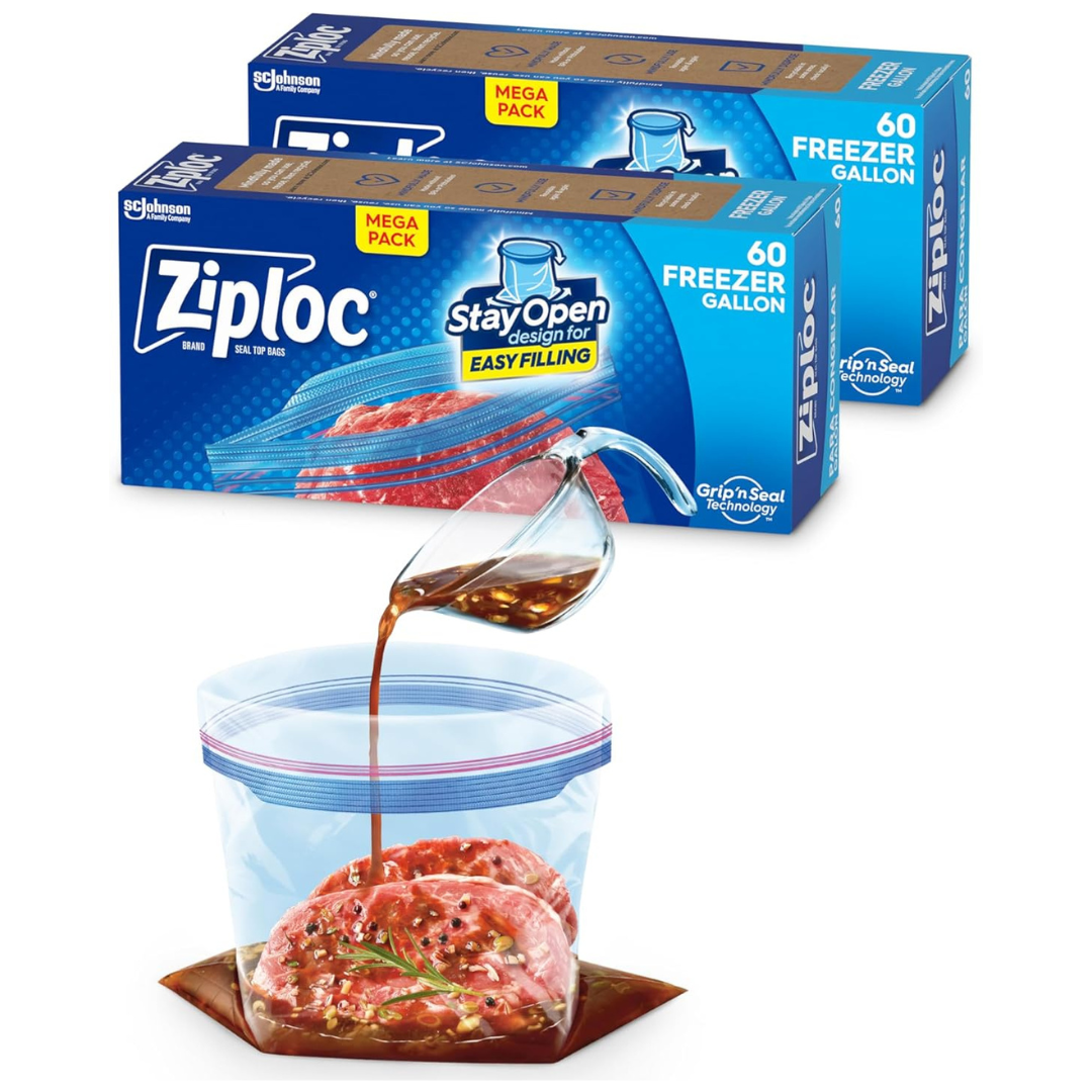 Ziploc Gallon Food Storage Freezer Bags, Grip ‘N Seal Technology (60 Count, Pack Of 2 = 120 Total Bags)