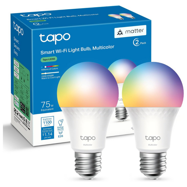 2-Pack TP-Link Tapo A19 E26 RGBW Dimmable Smart WiFi Light Bulb