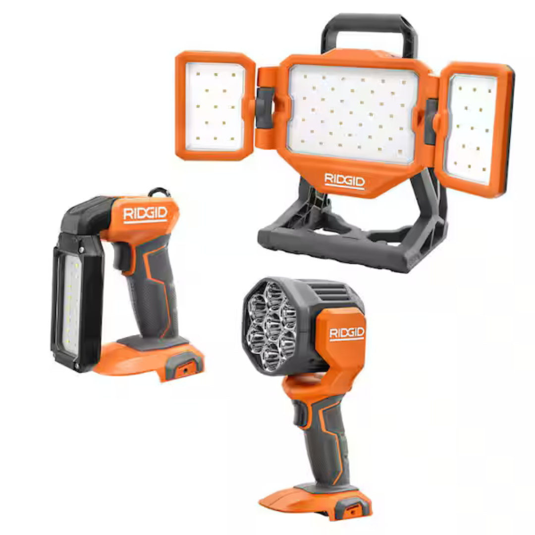 Ridgid Cordless 3-Tool Combo Kit With LED Stick Light, Spotlight, And Hybrid Panel Light (Tools Only)