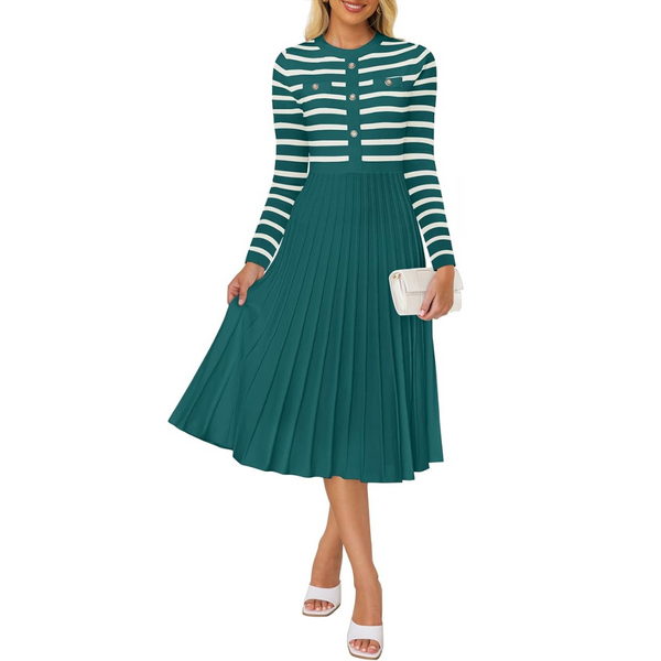 Women's Striped Button Ribbed Knit Pleated Midi Sweater Dress (Various)