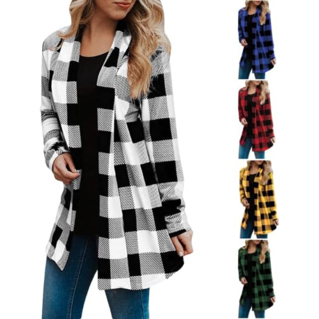 Women's Plaid Long Sleeve Open Front Cardigan Coat (Various)