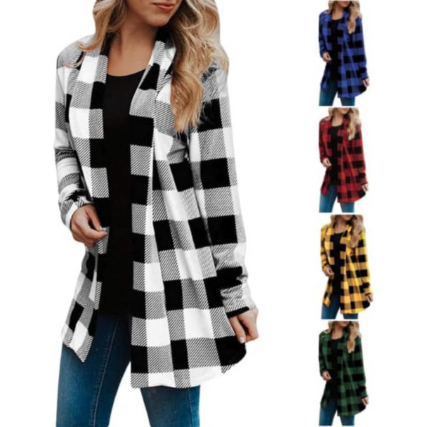 Women's Plaid Long Sleeve Open Front Cardigan Coat (Various)