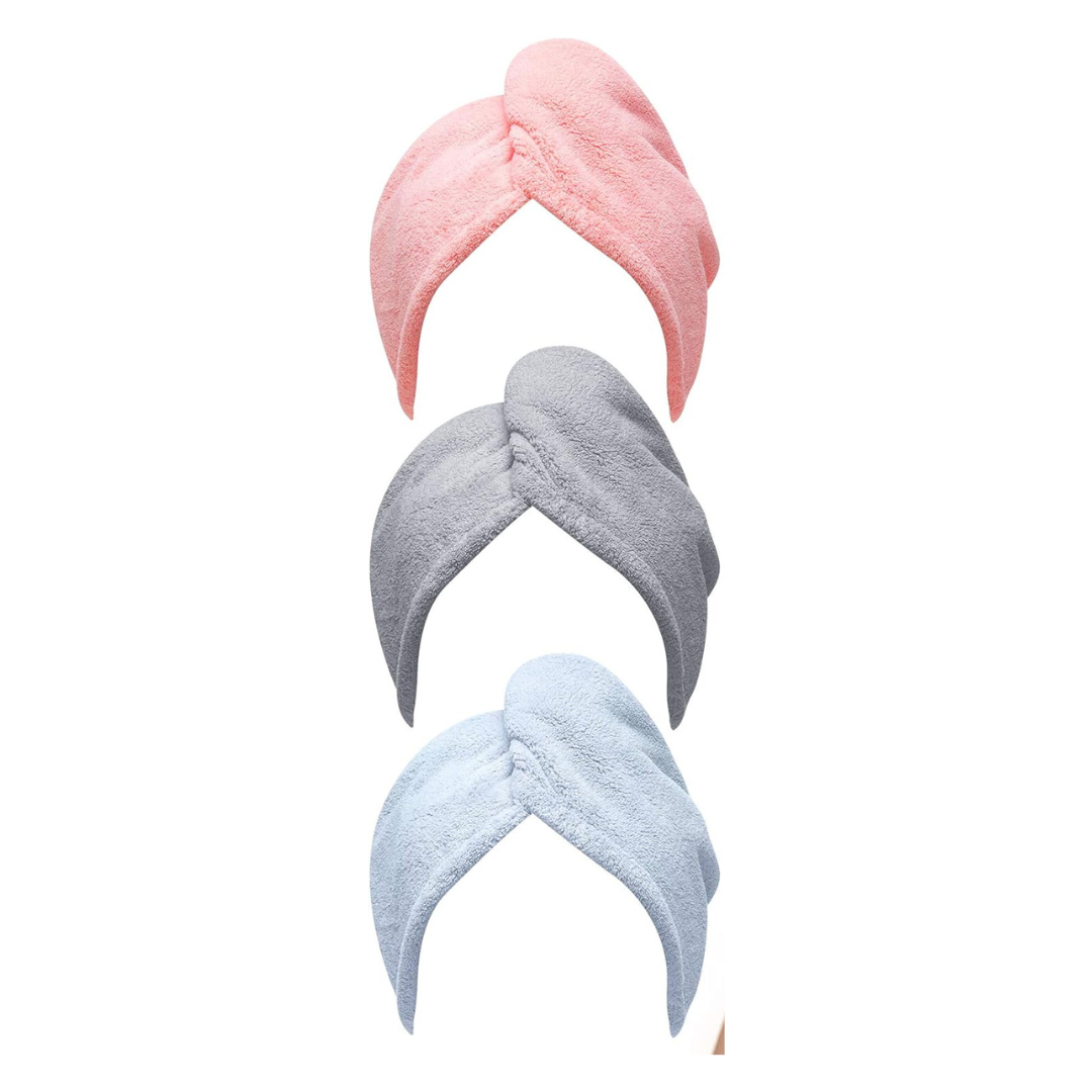 3-Pack Hicober Microfiber Hair Towels/Turbans (Blue, Grey, Pink)