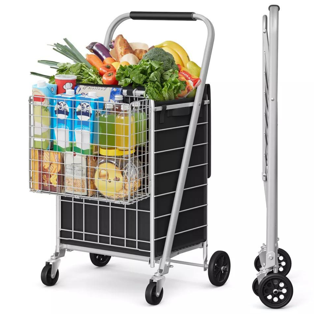 Foldable Heavy Duty Shopping Cart With 360 Deg. SwivelBag & Removable Basket