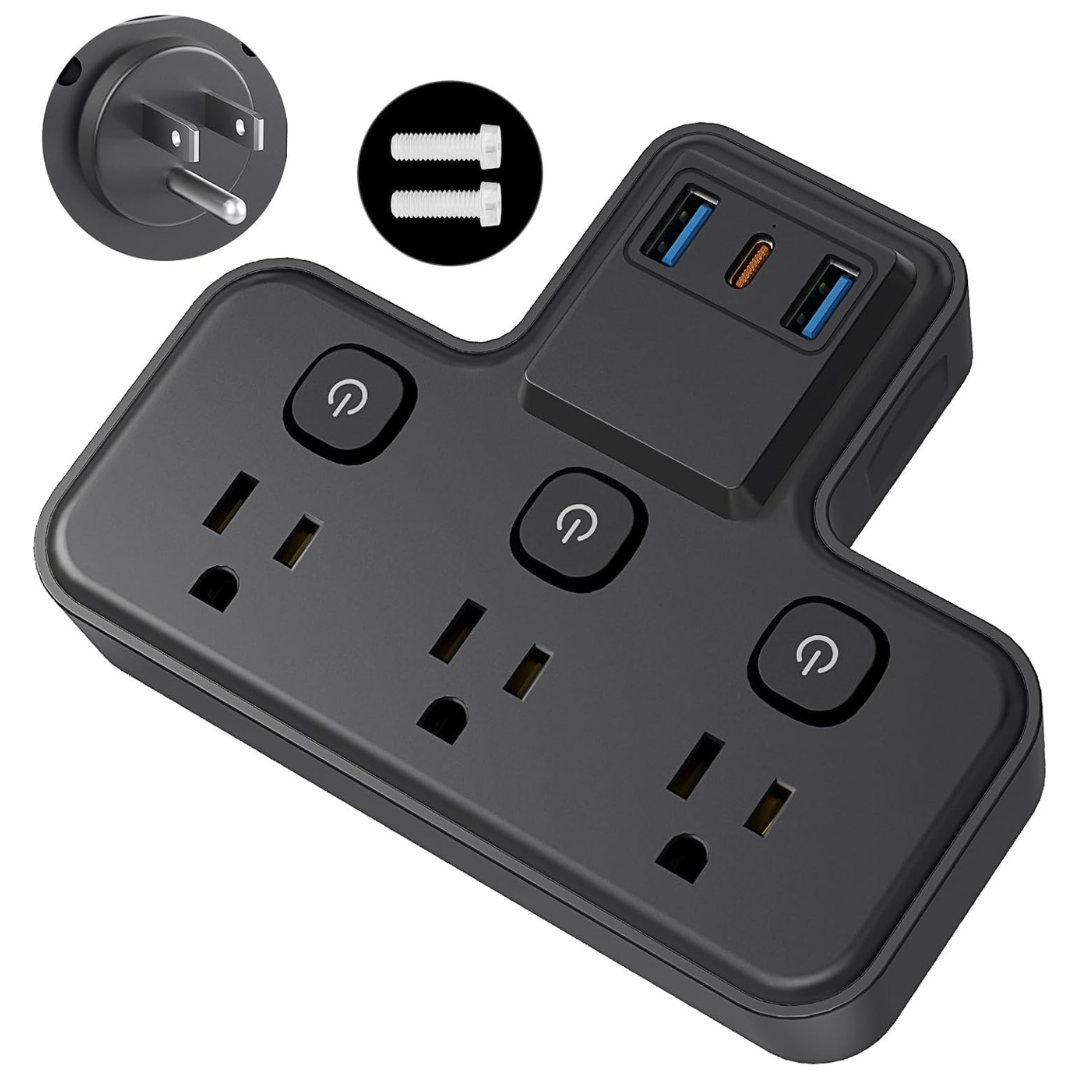 Passus 1875W 4-Outlet 3-USB Multi Plug Outlet Extender Surge Protector