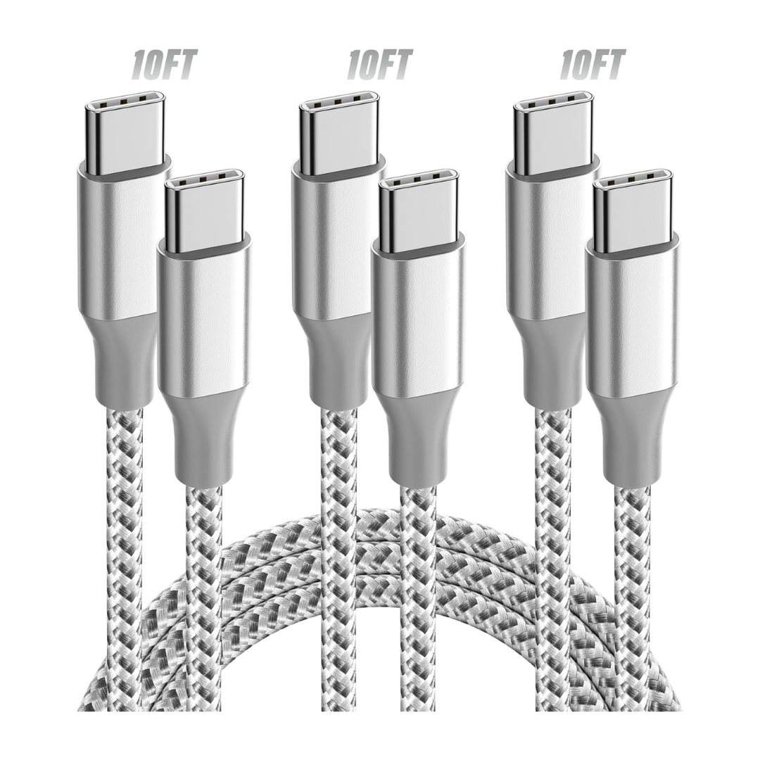 3-Pack 10ft 60W Nylon Braided USB C To USB C Cable