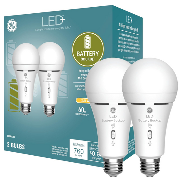 2-Pack GE LED+ 8W A21 Rechargeable Backup Battery LED Light Bulbs