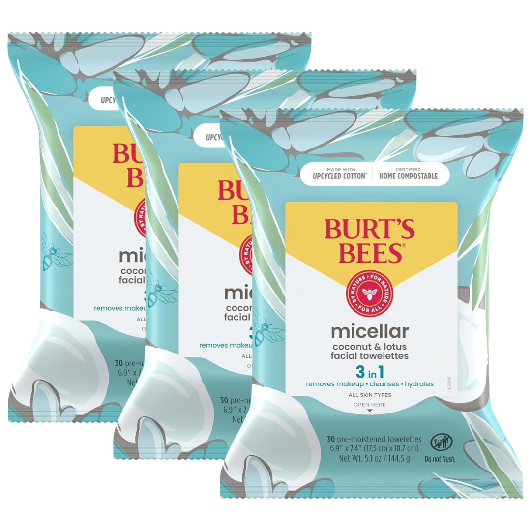 3 Packs of Burt’s Bees Coconut & Lotus Face Wipes, Micellar Makeup Remover & Facial Cleansing Towelettes (30 Wipes Per Pack)