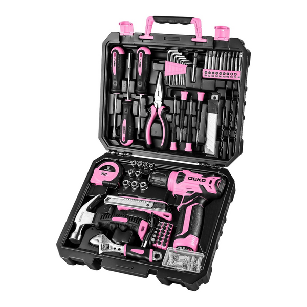 126-Piece DEKOPRO 8V Pink Cordless Drill With Hand Tool Kits For Women's