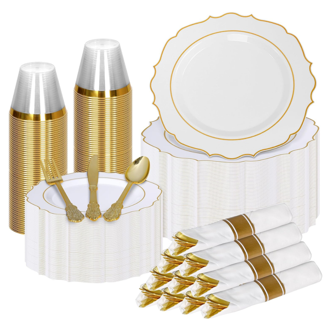 *PRIME BIG DEAL!* – Zulzzy 350 Pcs Elegant Gold Plastic Dinnerware Set With Pre-Rolled Napkins And Cutlery (Service For 50)