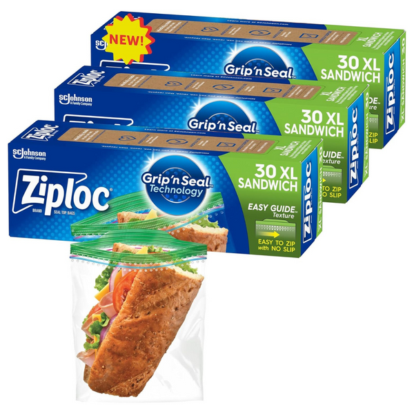 Ziploc XL Sandwich Bags With EasyGuide Texture (90 Bags Total)