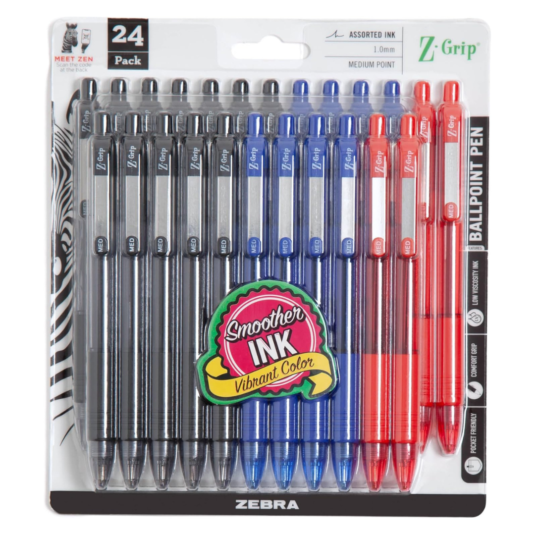 *PRIME BIG DEAL!* – Zebra Pen Z-Grip Retractable Ballpoint Pens, Medium Point, 1.0mm, Assorted Business Colors (24 Pack)