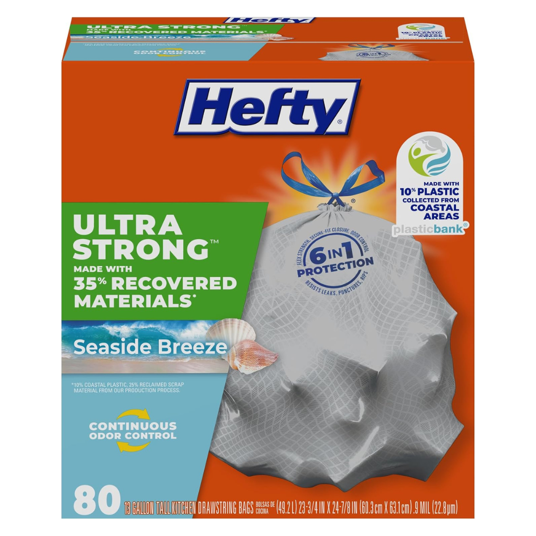 Hefty Ultra Strong Tall Kitchen Trash Bags, Seaside Breeze (13 Gallon, 80 Count)