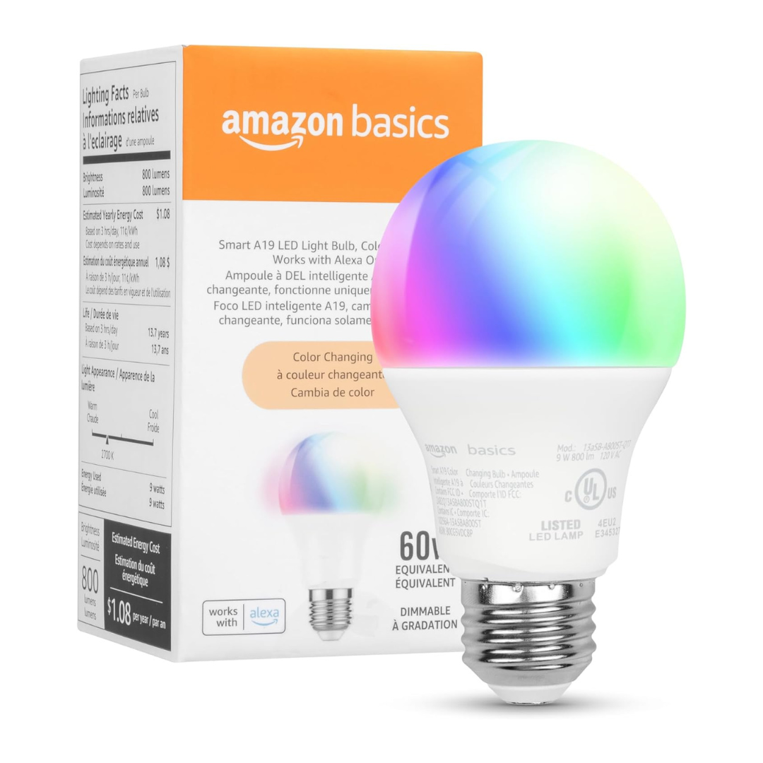 3-Count Amazon Basics WiFi Smart Color Changing A19 LED Light Bulb