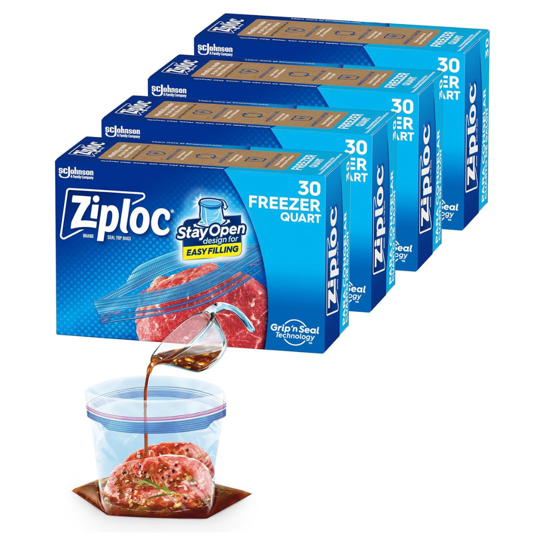 Ziploc Quart Food Storage Freezer Bags, Stay Open Design With Stand-Up Bottom (120 Bags Total)