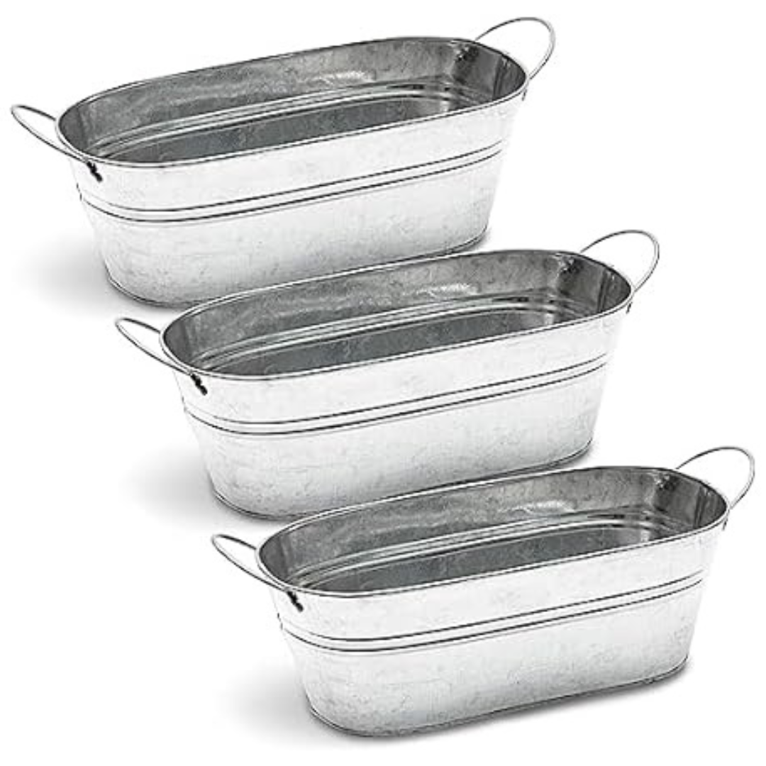 3-Pack Galvanized Metal Oval Planter With Handles (11.8"x 5.5" x 4")