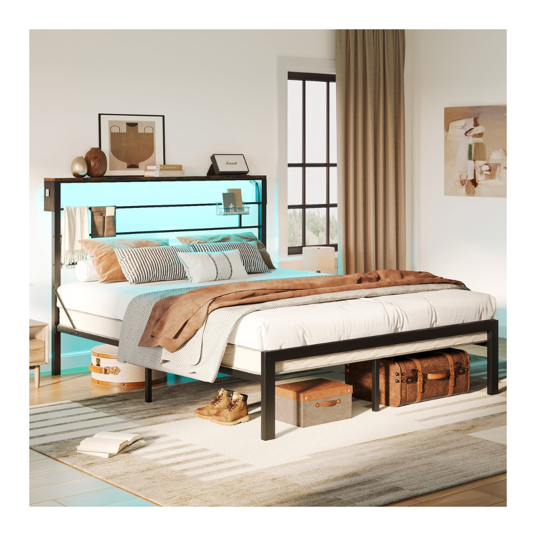 Bestier Bed Frame With 49.2" High LED Storage Headboard Shelf (Queen)