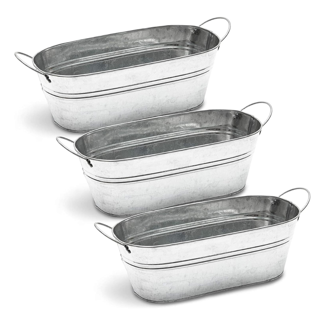 3-Pack Galvanized Metal Oval Planter With Handles (11.8"x 5.5" x 4")