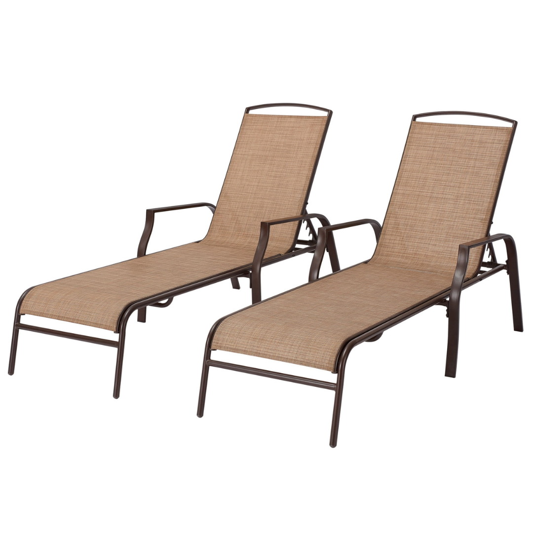 Set Of 2 Mainstays Sand Dune Reclining Steel Outdoor Chaise Lounge