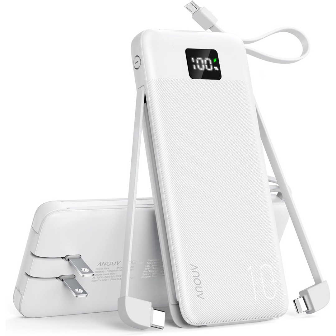 Anouv TW1006 10000mAh Portable Power Bank with Built-in Cables