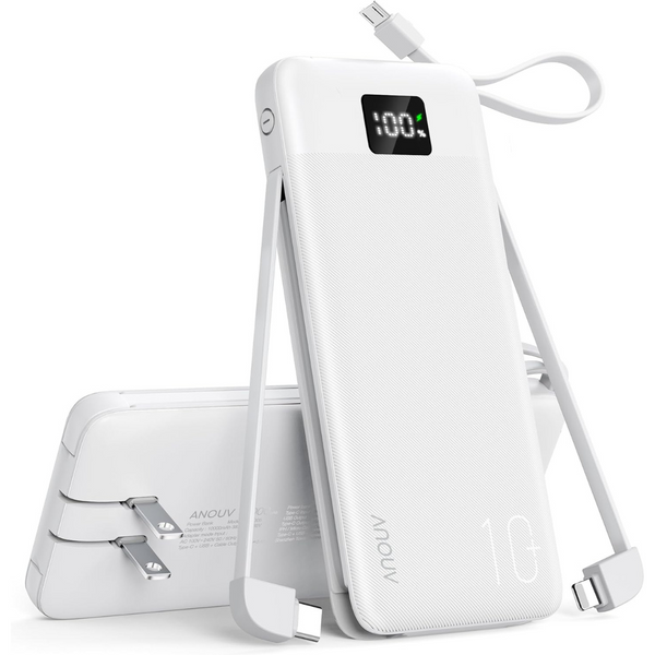 Anouv TW1006 10000mAh Portable Power Bank with Built-in Cables