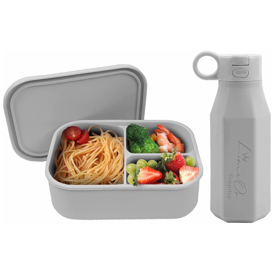 LimeOr Supplies Silicone Bento Box and Flat Water Bottle Combo