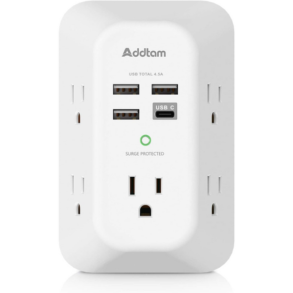 Addtam 5-Outlet Wall Charger Surge Protector With 4-USB Ports