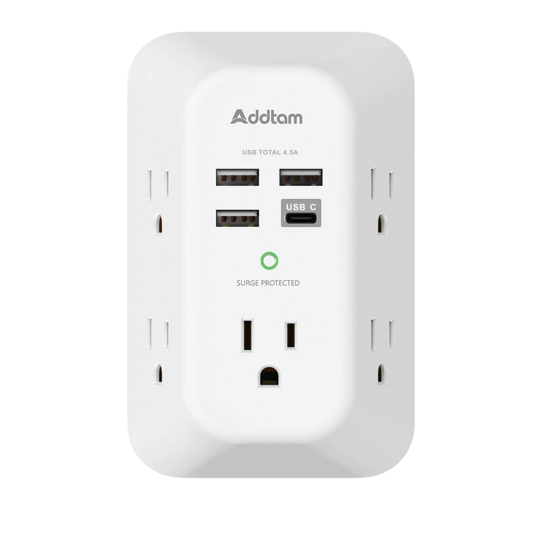 Addtam 5-Outlet Wall Charger Surge Protector With 4-USB Ports