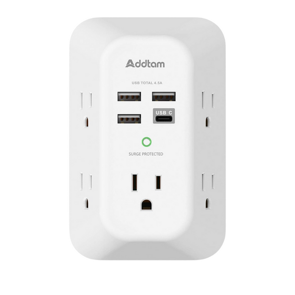 Addtam 5-Outlet Wall Charger Surge Protector With 4-USB Ports