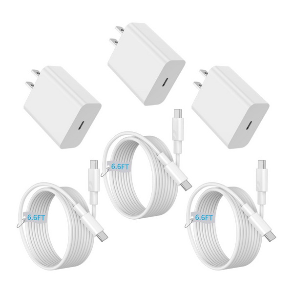 3-Pack 20W PD USB-C Fast Wall Charger Adapter With 6.6 ft Cables