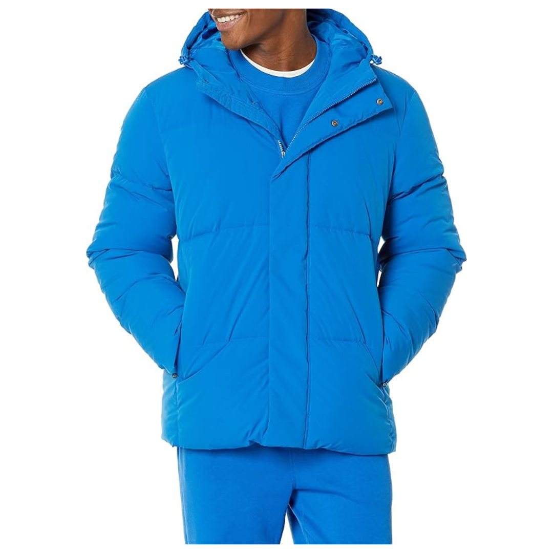 Amazon Essentials Men's Recycled Polyester Mid-Length Hooded Puffer