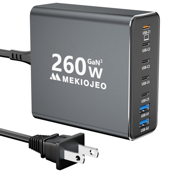 Mekiojeo Aluminum Alloy 7-Ports 260W GaN Fast USB-C Charging Station