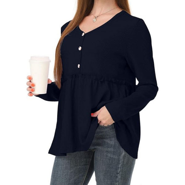 Women's Plus Size Long Sleeve Henley V Neck Button Blouse Shirts