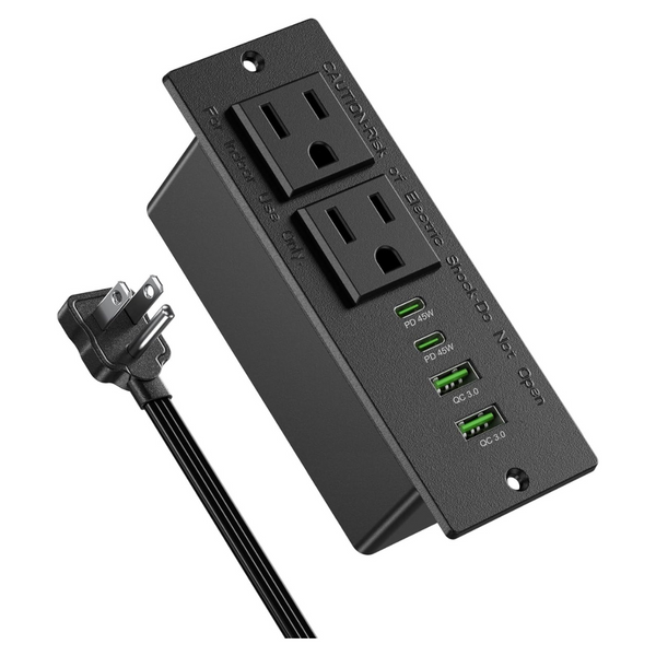 45W 2 AC Outlets Recessed Surge Protection Power Strip W/ USB-C Ports