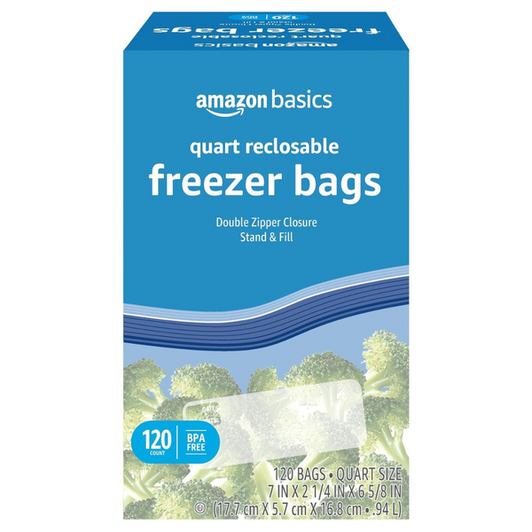 Amazon Basics Reclosable Freezer Quart Bags, Stand & Fill Base (120 Count)