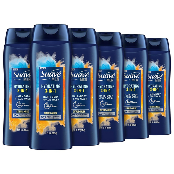 6-Pack Suave Men's 3-In-1 Moisturizing Body, Face And Hair Wash, 18 Oz