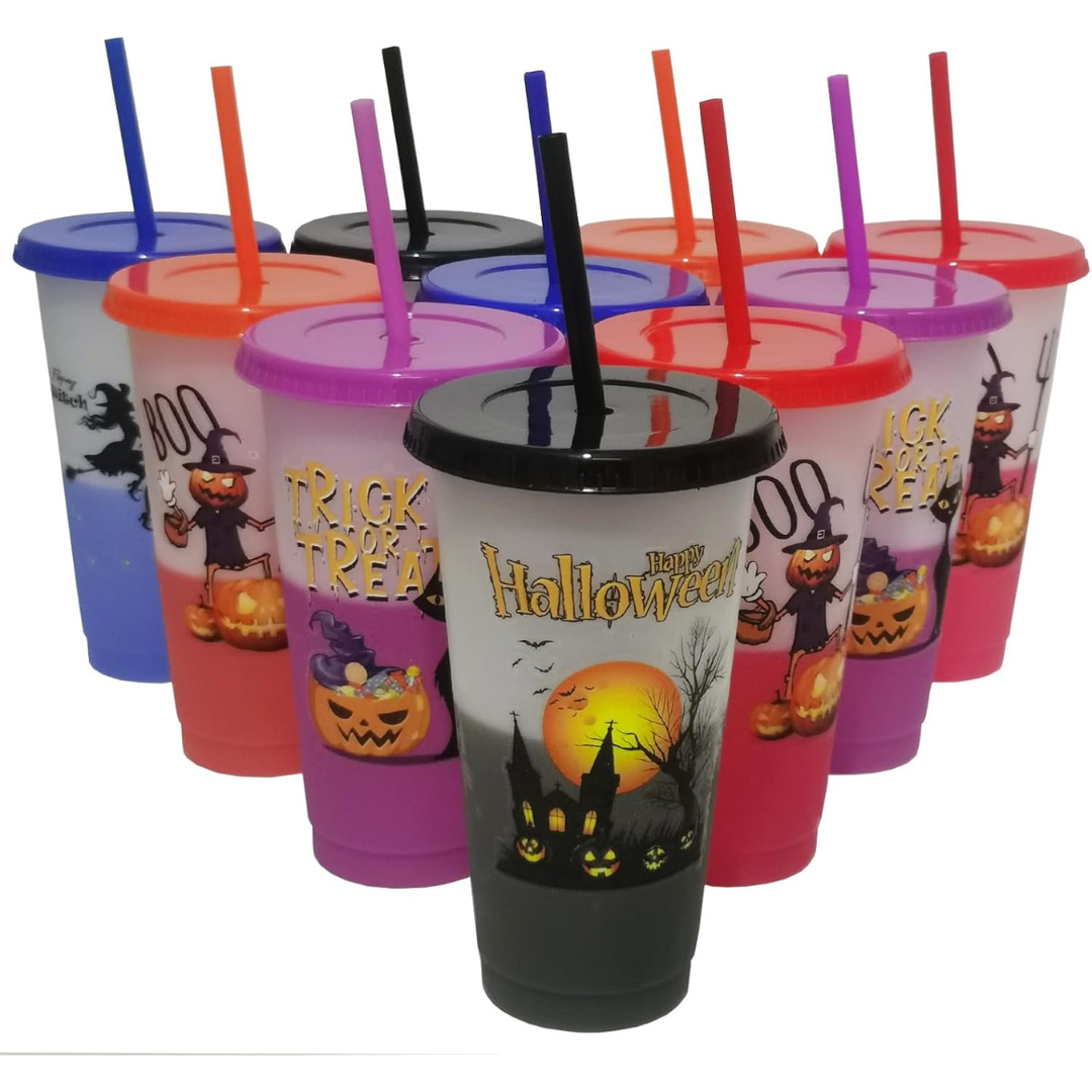 10-Pack Halloween Decorations Color Changing Cups with Lids and Straws