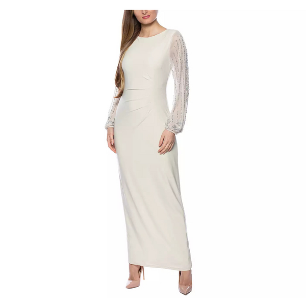 Marina Sheer Womens Beaded Long Sleeve Maxi Dress