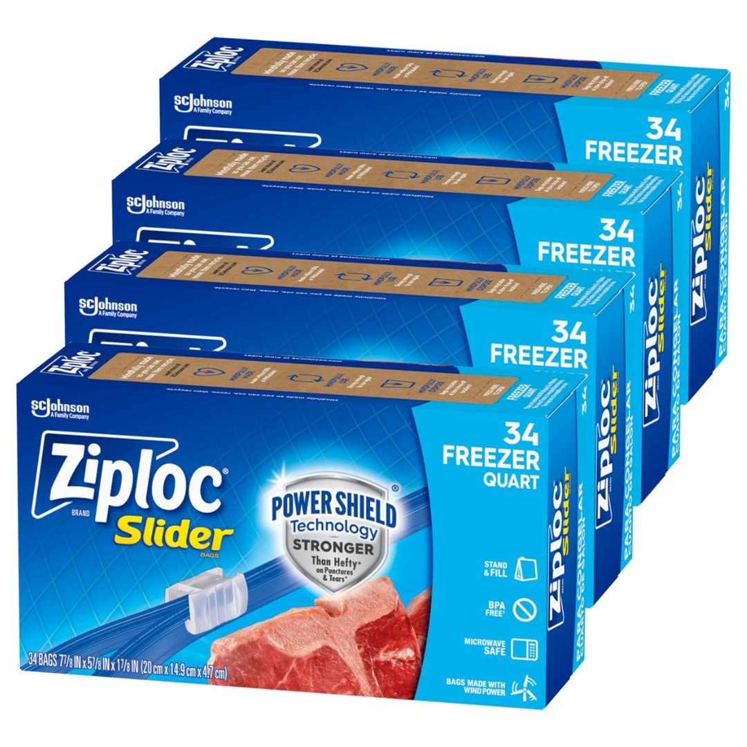 Ziploc Quart Food Storage Freezer Slider Bags, Power Shield Technology For More Durability (136 Bags Total)