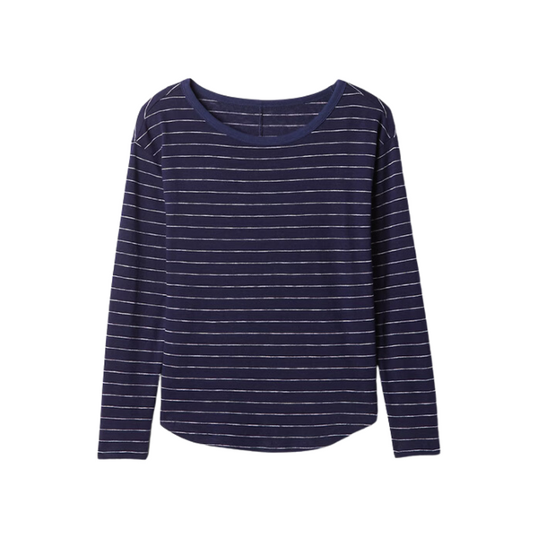 Gap Women's Linen-Blend Boatneck T-Shirt (Navy Blue & White Stripe)