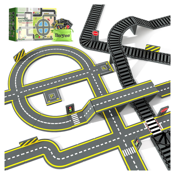 Soyee 20 Pcs Magnetic Tiles Road & Train Track Expansion Pack, Includes Road Tracks, Traffic Lights