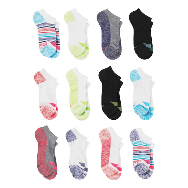 12-Pack Hanes Girls Cool Comfort Ankle Multipack Fashion Liner Socks