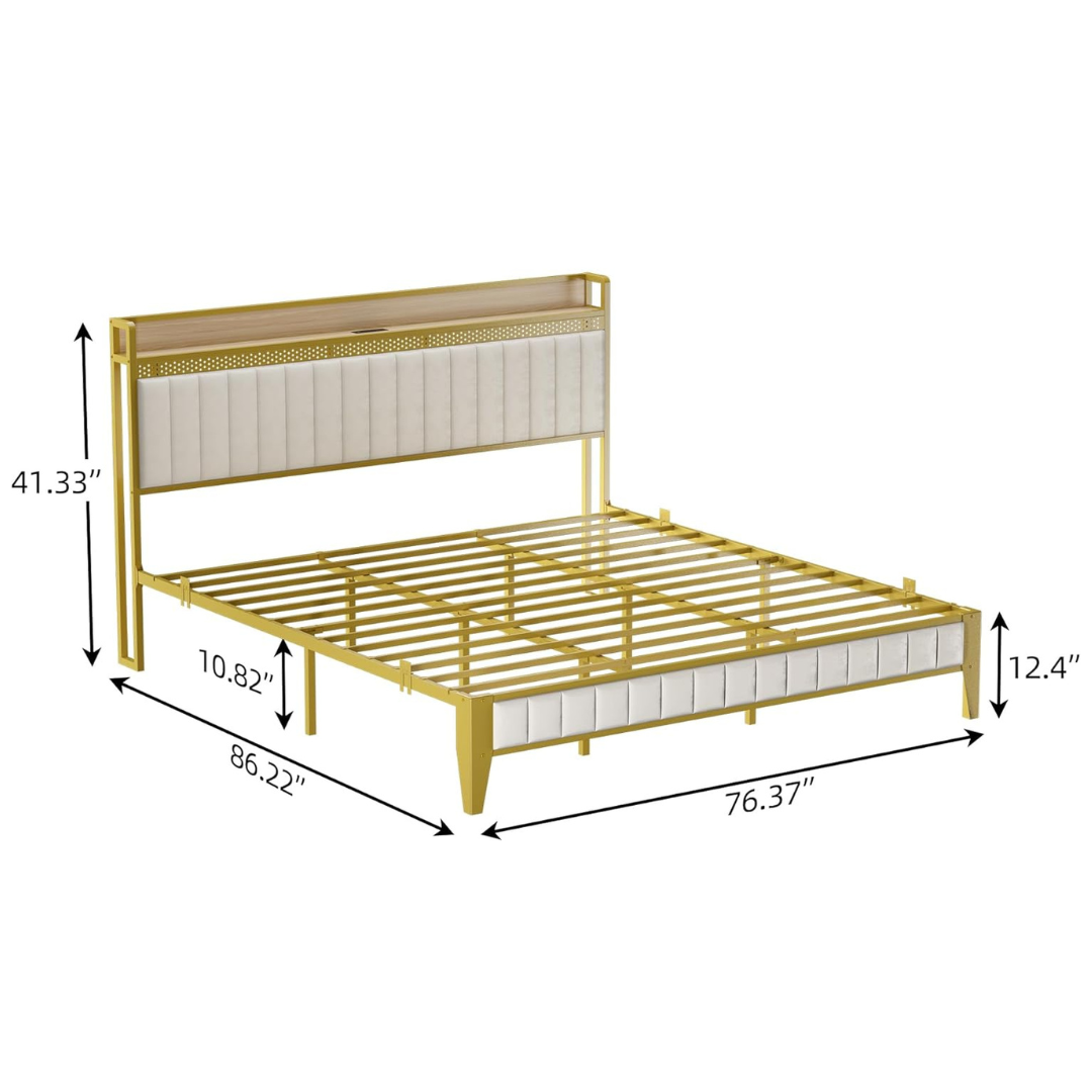 King Upholstered LED Platform Bed Frame with Charging Station