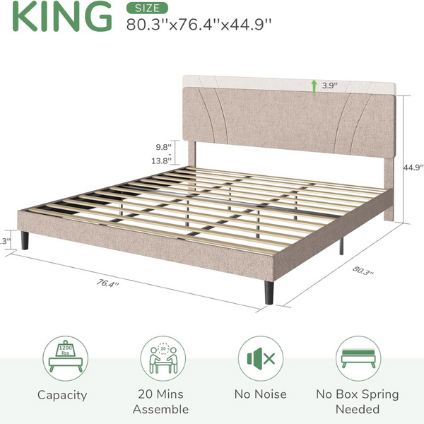 Novilla King Upholstered Platform Bed Frame with Headboard (Beige)