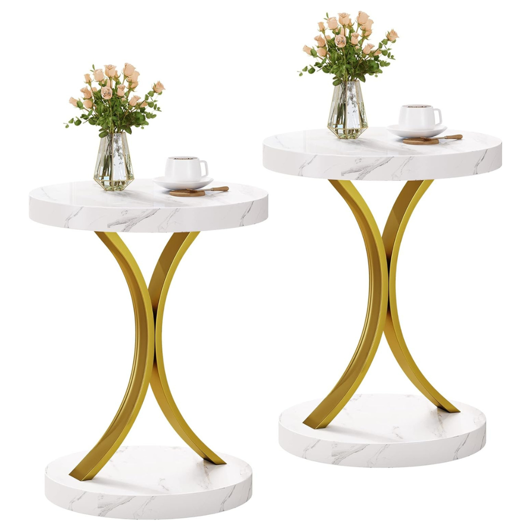 2-Count Modern Round Tables With Faux Marble Tops And Metal Frames